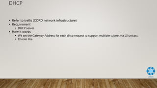 DHCP
• Refer to trellis (CORD network infrastructure)
• Requirement
• DHCP server
• How it works
• We set the Gateway Address for each dhcp request to support multiple subnet via L3 unicast.
• It looks like
 