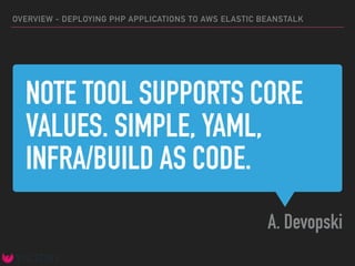 NOTE TOOL SUPPORTS CORE
VALUES. SIMPLE, YAML,
INFRA/BUILD AS CODE.
A. Devopski
OVERVIEW - DEPLOYING PHP APPLICATIONS TO AWS ELASTIC BEANSTALK
 
