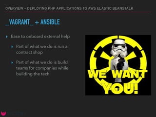 OVERVIEW - DEPLOYING PHP APPLICATIONS TO AWS ELASTIC BEANSTALK
_VAGRANT_ + ANSIBLE
▸ Ease to onboard external help
▸ Part of what we do is run a
contract shop
▸ Part of what we do is build
teams for companies while
building the tech
 