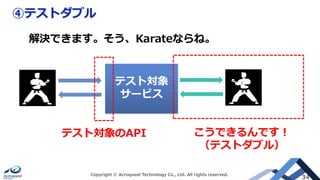 ④テストダブル
Copyright © Acroquest Technology Co., Ltd. All rights reserved.
34
テスト対象
サービス
解決できます。そう、Karateならね。
テスト対象のAPI こうできるんです！
（テストダブル）
 