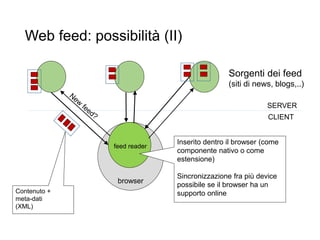 browser
Web feed: possibilità (II)
19
Sorgenti dei feed
(siti di news, blogs,..)
feed reader
Contenuto +
meta-dati
(XML)
CLIENT
SERVER
Inserito dentro il browser (come
componente nativo o come
estensione)
Sincronizzazione fra più device
possibile se il browser ha un
supporto online
 