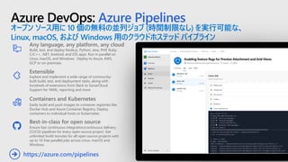 Azure DevOps: Azure Pipelines
オープン ソース用に 10 個の無料の並列ジョブ (時間制限なし) を実行可能な、
Linux, macOS, および Windows 用のクラウドホステッド パイプライン
Any language, any platform, any cloud
Build, test, and deploy Node.js, Python,  Java, PHP, Ruby,
C/C++, .NET, Android, and iOS apps. Run in parallel on
Linux, macOS, and Windows. Deploy to Azure, AWS,
GCP or on-premises
Extensible
Explore and implement a wide range of community-
built build, test, and deployment tasks, along with
hundreds of extensions from Slack to SonarCloud.
Support for YAML, reporting and more
Best-in-class for open source
Ensure fast continuous integration/continuous delivery
(CI/CD) pipelines for every open source project. Get
unlimited build minutes for all open source projects with
up to 10 free parallel jobs across Linux, macOS and
Windows
https://azure.com/pipelines➔
Containers and Kubernetes
Easily build and push images to container registries like
Docker Hub and Azure Container Registry. Deploy
containers to individual hosts or Kubernetes.
 