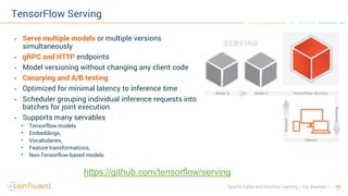 25Apache Kafka and Machine Learning – Kai Waehner
TensorFlow Serving
• Serve multiple models or multiple versions
simultaneously
• gRPC and HTTP endpoints
• Model versioning without changing any client code
• Canarying and A/B testing
• Optimized for minimal latency to inference time
• Scheduler grouping individual inference requests into
batches for joint execution
• Supports many servables
• Tensorflow models
• Embeddings,
• Vocabularies,
• Feature transformations,
• Non-Tensorflow-based models
https://github.com/tensorflow/serving
 