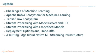 3Apache Kafka and Machine Learning – Kai Waehner
Agenda
• Challenges of Machine Learning
• Apache Kafka Ecosystem for Machine Learning
• TensorFlow Ecosystem
• Stream Processing with Model Server and RPC
• Stream Processing with Embedded Models
• Deployment Options and Trade-Offs
• A Cutting Edge Cloud-Native ML Streaming Infrastructure
 