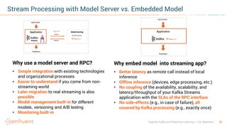 36Apache Kafka and Machine Learning – Kai Waehner
Stream Processing with Model Server vs. Embedded Model
Why use a model server and RPC?
• Simple integration with existing technologies
and organizational processes
• Easier to understand if you come from non-
streaming world
• Later migration to real streaming is also
possible
• Model management built-in for different
models, versioning and A/B testing
• Monitoring built-in
Why embed model into streaming app?
• Better latency as remote call instead of local
inference
• Offline inference (devices, edge processing, etc.)
• No coupling of the availability, scalability, and
latency/throughput of your Kafka Streams
application with the SLAs of the RPC interface
• No side-effects (e.g., in case of failure), all
covered by Kafka processing (e.g., exactly once)
Application
Input Event
Prediction
 