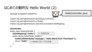 はじめての動的な Hello World (2)
package jp.igapyon.webdemo;
import org.springframework.stereotype.Controller;
import org.springframework.ui.Model;
import org.springframework.web.bind.annotation.GetMapping;
@Controller
public class HelloController {
@GetMapping("/hello")
public String hello(Model model) {
model.addAttribute("message", "Hello World from Thymeleaf.");
return "hello";
}
}
← htmlテンプレートファイル名
← アクセスパス
HelloController.java
 