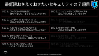 © 2021, Amazon Web Services, Inc. or its affiliates. All rights reserved.
SEC 2. ユーザー ID とマシン ID は
どのように管理したらよいでしょうか?
SEC 1. ワークロードを安全に
運用するには、どうすればよいですか?
SEC 4. セキュリティイベントを
どのように検出し、調査していますか？
SEC 3. 人とマシンのアクセス許可は
どのように管理すればよいでしょうか?
SEC 5. ネットワークリソースを
どのように保護しますか?
SEC 6. コンピューティングリソースを
どのように保護していますか?
SEC 7. どのように
データを分類していますか?
SEC 8. 保管時のデータを
どのように保護していますか?
SEC 9. 転送時のデータを
どのように保護していますか?
SEC 10. インシデントの予測、
対応、復旧はどのように行いますか?
最低限おさえておきたいセキュリティの 7 項目
 