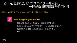 © 2021, Amazon Web Services, Inc. or its affiliates. All rights reserved.
複数の AWS アカウントへのログインを一元化したい場合
2.一元化された ID プロバイダーを利用し、
一時的な認証情報を使用する
AWS Single Sign on (SSO)
 