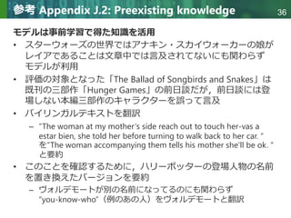 Copyright © 2020 調和系工学研究室 - 北海道大学 大学院情報科学研究院 情報理工学部門 複合情報工学分野 – All rights reserved.
Copyright © 2020 調和系工学研究室 - 北海道大学 大学院情報科学研究院 情報理工学部門 複合情報工学分野 – All rights reserved.
36
参考 Appendix J.2: Preexisting knowledge
モデルは事前学習で得た知識を活用
• スターウォーズの世界ではアナキン・スカイウォーカーの娘が
レイアであることは文章中では言及されてないにも関わらず
モデルが利用
• 評価の対象となった「The Ballad of Songbirds and Snakes」は
既刊の三部作「Hunger Games」の前日談だが，前日談には登
場しない本編三部作のキャラクターを誤って言及
• バイリンガルテキストを翻訳
– “The woman at my mother‘s side reach out to touch her-vas a
estar bien, she told her before turning to walk back to her car. “
を”The woman accompanying them tells his mother she’ll be ok. “
と要約
• このことを確認するために，ハリーポッターの登場人物の名前
を置き換えたバージョンを要約
– ヴォルデモートが別の名前になってるのにも関わらず
“you-know-who”（例のあの人）をヴォルデモートと翻訳
 