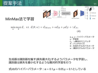 Copyright © 2020 調和系工学研究室 - 北海道大学 大学院情報科学研究院 情報理工学部門 複合情報工学分野 – All rights reserved.
Copyright © 2020 調和系工学研究室 - 北海道大学 大学院情報科学研究院 情報理工学部門 複合情報工学分野 – All rights reserved.
11
提案手法
MinMax法で学習
α, μ, γ：ハイパーパラメータ
𝜂：学習率
Ln ：n番目のミニバッチ
𝑁：バッチサイズ
Θ：生成モデルのパラメータ
𝑤：識別モデルのパラメータ
生成器は識別器を騙す(損失最大化)するようパラメータを学習し、
識別器は損失を最小化するような敵対的学習を行う
式(4)のハイパーパラメータ：α = 0.1,μ = 0.05,γ = 0.1としている
 