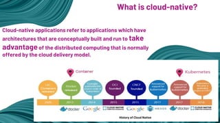 Cloud-native applications refer to applications which have
architectures that are conceptually built and run to take
advantageof the distributed computing that is normally
offered by the cloud delivery model.
What is cloud-native?
History of Cloud Native
 