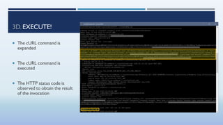 3D. EXECUTE!
 The cURL command is
expanded
 The cURL command is
executed
 The HTTP status code is
observed to obtain the result
of the invocation
 