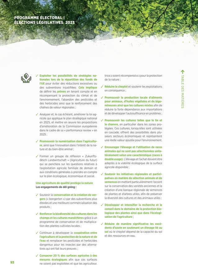 93
PROGRAMME ÉLECTORAL |
ÉLECTIONS LÉGISLATIVES 2023
ຉ Exploiter les possibilités de stratégies na-
tionales lors de la répartition des fonds de
l’UE pour éviter des réductions excessives ou
des subventions injustifiées. Cela implique
de définir les primes en tenant compte et en
récompensant la protection du climat et de
l’environnement, l’abandon des pesticides et
des herbicides ainsi que le renforcement des
chaînes de valeur régionales ;
ຉ Analyser et, le cas échéant, améliorer la loi ag-
ricole qui applique le plan stratégique national
en 2025, et mettre en œuvre les propositions
d’amélioration de la Commission européenne
dans le cadre de sa « performance review » en
2025 ;
ຉ Promouvoir la numérisation dans l’agricultu-
re, ainsi que l’innovation dans l’intérêt de la na-
ture et du bien-être animal ;
ຉ Former un groupe de réflexion « Zukunfts-
dësch Landwirtschaft » (Agriculture du futur)
qui se penchera sur les questions relatives à
l’exploitation agricole familiale de demain et
aux conditions générales à prendre en compte
sur le plan écologique, économique et social.
Une agriculture de qualité protège la nature
Les engagements de déi gréng :
ຉ Soutenir la conservation et la création de ver-
gers (« bongerten ») par des subventions plus
élevées et une meilleure commercialisation des
produits ;
ຉ Renforcer la biodiversité des cultures dans les
champs et les cultures maraîchères grâce à un
programme de conservation et de multiplica-
tion des plantes cultivées locales ;
ຉ Continuer à développer la coopération entre
l’agriculture et la protection de la nature et de
l’eau et remplacer les pesticides et herbicides
dangereux pour les insectes par des alterna-
tives qui ont fait leurs preuves ;
ຉ Consacrer 20 % des surfaces agricoles à des
mesures écologiques afin que ces surfaces
ne soient pas exploitées et que les agriculteur.
trice.s soient récompensé.e.s pour la protection
de la nature ;
ຉ Réduire le cheptel et soutenir les exploitations
en conséquence ;
ຉ Promouvoir la production locale d’aliments
pour animaux, d’huiles végétales et de légu-
mineuses ainsi que les cultures mixtes afin de
réduire la forte dépendance aux importations
et de développer l’autosuffisance en protéines ;
ຉ Promouvoir les cultures telles que le lin et
le chanvre, en particulier dans les zones pro-
tégées. Ces cultures, lorsqu’elles sont utilisées
en cascade, offrent des possibilités dans plu-
sieurs secteurs économiques et représentent
une réelle valeur ajoutée pour l’environnement.
ຉ Encourager l’élevage et l’utilisation de races
animales qui ne sont pas sélectionnées unila-
téralement selon une caractéristique (races à
doubleusage). L’élevage et l’achat doivent être
adaptés à la viabilité écologique de la surface
agricole disponible ;
ຉ Soutenir les initiatives régionales et partici-
patives en matière de sélection animale et de
semences en mettant particulièrement l’accent
sur la conservation des variétés anciennes et la
création d’une banque régionale de semences
de plantes et d’arbres utiles, afin de préserver
la diversité des cultures et des animaux utiles ;
ຉ Développer et intensifier la recherche et le
conseil dans le domaine de la protection bio-
logique des plantes ainsi que dans l’écologi-
sation de l’agriculture ;
ຉ Réduire de manière significative les excé-
dents d’azote en soutenant un élevage lié au
sol où le cheptel dépend de la capacité du sol
et des ressources en eau.
TABLE
DES
MATIÈRES
 