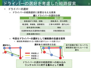 Copyright © 2020 調和系工学研究室 - 北海道大学 大学院情報科学研究院 情報理工学部門 複合情報工学分野 – All rights reserved.
Copyright © 2020 調和系工学研究室 - 北海道大学 大学院情報科学研究院 情報理工学部門 複合情報工学分野 – All rights reserved.
3
ドライバーの選好を考慮した経路探索
• ドライバーの選好
– ドライバーの経路選択に影響を与える要素
– 今回はドライバーの選好として細街路の忌避を採用
• 細街路(車線数の小さい道路)を避けたルートを通りたい
選好なし 選好あり(細街路を忌避)
𝒔
𝒕
A
B
C
D
E
F 𝒕
𝒔
A
B
C
D
E
F
走行距離が長くなっても
細街路を避けたルートを
通る
車線数≥3
車線数=2
車線数=1
ドライバーの選好の経路探索への組み込み
リンクコストに対する重みとして表現
静的な選好 動的な選好
直進(曲がり角度、回数) 混雑(長さ、待ち時間)
幅(道幅、車線数、道路種別) 工事中(時間帯・通行止め)
信号(信号の有無) 事故
交通事故地点(交通事故の頻度) 天候(積雪状況)
距離(道路の長さ)
表1 ドライバーの選好の例
 