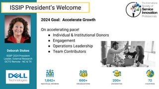 Deborah Stokes
ISSIP 2024 President
Leader, External Research
OCTO Remote - NC & TX
2024 Goal: Accelerate Growth
On accelerating pace!
● Individual & Institutional Donors
● Engagement
● Operations Leadership
● Team Contributors
ISSIP President’s Welcome
 