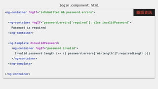 login.component.html
<ng-container *ngIf="isSubmitted && password.errors">
<ng-container *ngIf="password.errors['required']; else invalidPassword">
Password is required
</ng-container>
<ng-template #invalidPassword>
<ng-container *ngIf="password.invalid">
Invalid password length (>= {{ password.errors['minlength']?.requiredLength }})
</ng-container>
</ng-template>
</ng-container>
錯誤資訊
 
