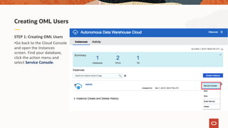 STEP 1: Creating OML Users
•Go back to the Cloud Console
and open the Instances
screen. Find your database,
click the action menu and
select Service Console.
Creating OML Users
 