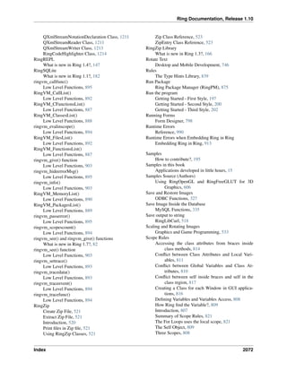 Ring Documentation, Release 1.10
QXmlStreamNotationDeclaration Class, 1211
QXmlStreamReader Class, 1211
QXmlStreamWriter Class, 1213
RingCodeHighlighter Class, 1214
RingREPL
What is new in Ring 1.4?, 147
RingSQLite
What is new in Ring 1.1?, 182
ringvm_callfunc()
Low Level Functions, 895
RingVM_CallList()
Low Level Functions, 892
RingVM_CFunctionsList()
Low Level Functions, 887
RingVM_ClassesList()
Low Level Functions, 888
ringvm_evalinscope()
Low Level Functions, 894
RingVM_FilesList()
Low Level Functions, 892
RingVM_FunctionsList()
Low Level Functions, 887
ringvm_give() function
Low Level Functions, 903
ringvm_hideerrorMsg()
Low Level Functions, 895
ringvm_info()
Low Level Functions, 903
RingVM_MemoryList()
Low Level Functions, 890
RingVM_PackagesList()
Low Level Functions, 889
ringvm_passerror()
Low Level Functions, 895
ringvm_scopescount()
Low Level Functions, 894
ringvm_see() and ringvm_give() functions
What is new in Ring 1.7?, 82
ringvm_see() function
Low Level Functions, 903
ringvm_settrace()
Low Level Functions, 893
ringvm_tracedata()
Low Level Functions, 893
ringvm_traceevent()
Low Level Functions, 894
ringvm_tracefunc()
Low Level Functions, 894
RingZip
Create Zip File, 521
Extract Zip File, 521
Introduction, 520
Print ﬁles in Zip ﬁle, 521
Using RingZip Classes, 521
Zip Class Reference, 523
ZipEntry Class Reference, 523
RingZip Library
What is new in Ring 1.3?, 166
Rotate Text
Desktop and Mobile Development, 746
Rules
The Type Hints Library, 839
Run Package
Ring Package Manager (RingPM), 875
Run the program
Getting Started - First Style, 197
Getting Started - Second Style, 200
Getting Started - Third Style, 202
Running Forms
Form Designer, 798
Runtime Errors
Reference, 990
Runtime Errors when Embedding Ring in Ring
Embedding Ring in Ring, 913
Samples
How to contribute?, 195
Samples in this book
Applications developed in little hours, 15
Samples Source (Authors)
Using RingOpenGL and RingFreeGLUT for 3D
Graphics, 606
Save and Restore Images
ODBC Functions, 327
Save Image Inside the Database
MySQL Functions, 335
Save output to string
RingLibCurl, 518
Scaling and Rotating Images
Graphics and Game Programming, 533
Scope Rules
Accessing the class attributes from braces inside
class methods, 814
Conﬂict between Class Attributes and Local Vari-
ables, 811
Conﬂict between Global Variables and Class At-
tributes, 810
Conﬂict between self inside braces and self in the
class region, 817
Creating a Class for each Window in GUI applica-
tions, 816
Deﬁning Variables and Variables Access, 808
How Ring ﬁnd the Variable?, 809
Introduction, 807
Summary of Scope Rules, 821
The For Loops uses the local scope, 821
The Self Object, 809
Three Scopes, 808
Index 2072
 