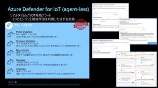 Azure Defender for IoT (agent-less)
リアルタイムIoT/OT脅威アラート
- 5つのエンジンと機械学習を利用した分析を実施
ポリシー違反エンジンによる
以前に学習したトラフィックからの逸脱の検出をトリガー
プロトコル違反エンジンによる
検出プロトコル仕様に準拠していないパケット構造またはフィールド値の検出をトリガー
運用エンジンによる
ネットワークの運用上のインシデントまたはデバイスの誤動作の検出をトリガー
マルウェア対策エンジンによる
悪意のあるネットワーク アクティビティや既知の攻撃の検出をトリガー
異常エンジンによる
逸脱 (ネットワークスキャンを想定外デバイスが行っているなど) の検出をトリガー
アラート カテゴリ
アラート一覧
https://docs.microsoft.com/ja-jp/azure/defender-for-iot/organizations/alert-engine-messages
 