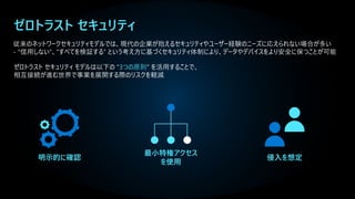 ゼロトラスト セキュリティ
従来のネットワークセキュリティモデルでは、現代の企業が抱えるセキュリティやユーザー経験のニーズに応えられない場合が多い
- “信用しない”、“すべてを検証する” という考え方に基づくセキュリティ体制により、データやデバイスをより安全に保つことが可能
侵入を想定
明示的に確認
最小特権アクセス
を使用
ゼロトラスト セキュリティ モデルは以下の “3つの原則“ を活用することで、
相互接続が進む世界で事業を展開する際のリスクを軽減
 