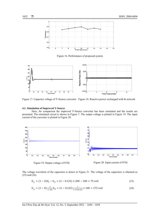  ISSN: 2088-8694
Int J Pow Elec & Dri Syst, Vol. 12, No. 3, September 2021 : 1644 – 1658
1652
Figure 16. Performance of proposed system
Figure 17. Capacitor voltage of Y-Source converter Figure 18. Reactive power exchanged with th network
4.1. Simulation of Improved Y-Source
Here, for comparison the improved Y-Source converter has been simulated and the results are
presented. The simulated circuit is shown in Figure 7. The output voltage is plotted in Figure 19. The input
current of the converter is plotted in Figure 20.
Figure 19. Output voltage of IYSI. Figure 20. Input current of IYSI.
The voltage waveform of the capacitors is drawn in Figure 21. The voltage of the capacitors is obtained as
(23) and (24).
𝑉𝐶1
= (1 − 𝐷)𝑉
𝑜 − 𝑉𝑖𝑛 = (1 − 0.125) × 200 − 100 = 75 𝑣𝑜𝑙𝑡 (23)
𝑉𝐶2
= (1 − 𝐷)
1
1−𝐸𝐷
𝑉𝑖𝑛 = (1 − 0.125)
1
1−4×0.125
× 100 = 175 𝑣𝑜𝑙𝑡 (24)
5 6 7 8 9 10 11 12 13 14 15
0.5
0.6
0.7
0.8
0.9
1
Wind Speed (m/s)
Performance
0 0.1 0.2 0.3 0.4 0.5 0.6 0.7 0.8 0.9 1
0
50
100
150
200
250
300
350
Time (seconds)
Vc(V)
0 1 2 3 4
-1000
-500
0
500
1000
Time (seconds)
Reactive
Power
(Var)
0 0.1 0.2 0.3 0.4 0.5 0.6 0.7 0.8 0.9 1
0
50
100
150
200
250
300
350
400
Time (seconds)
Vo(V)
0 0.1 0.2 0.3 0.4 0.5 0.6 0.7 0.8 0.9 1
-10
0
10
20
30
40
50
60
70
80
Time (seconds)
Iin(A)
 