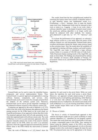 108
Fig. 8. FIB, word cloud, manual feature name, named feature by
FeatureClouds, recall and precision metrics for state feature of ArgoUML
software
The results found that the best straightforward method for
extracting the feature name from a block of identifier names is
to split identifier names into fundamental words (e.g.,
OvalSettings → Oval + Settings). Also, to make the feature
name more clear, fundamental words must be returned to their
roots or stems (e.g., Logging → Log). In our work, when a
software identifier name is developed of partial mixed words,
the camel-case splitting algorithm is no longer useful and
should be enhanced with other methods. For instance,
gET_OptimizeN is split into “g”, “E”, “T”, “Optimize”, and
“N”.
To evaluate the performance of our approach, we selected a
large software system as a case study where the names of the
software features are well documented. FeatureClouds shows
excellent performance during the feature name process based
on the execution times. Also, the results show the scalability of
our approach to dealing with large, medium, and small systems.
The ArgoUML case study is considered a large software
system, where it is consists of 120,348 Lines of Code (LoC).
Table IX presents feature naming results of the ArgoUML case
study in more detail. The findings are characterized by metrics
NoC (Number of Classes), NoW (Number of Words), ET
(Execution Times) in ms, and MFW/R (Most Frequent Words/
Repetition).
TABLE IX
FEATURE NAMES DETAILS FOR ARGOUML SOFTWARE BASED ON FEATURECLOUDS
ID Feature name NoC NoW ET MFW/R
1 State 35 50 1303 State (32) Fig (15)
2 Collaboration 16 25 963 Collaboration (12) Diagram (9)
3 Activity 18 26 980 Activity (8) Diagram (8)
4 Use case 39 33 1019 Use (17) Case (17)
5 Sequence 38 47 1091 Fig (16) Sequence (12)
6 Deployment 20 23 990 Fig (8) Deployment (7)
7 Class 1494 581 10340 Action (317) Model (260)
8 Cognitive support 205 198 3279 Cr (86) To (35)
9 Logging 0 6 668 Log (2) Info (2)
FeatureClouds can be used to name the identified feature,
component, and service implementation blocks. Thus,
FeatureClouds is a general approach and applicable to naming
software features, components, and services. Also,
FeatureClouds can be used to name the concepts extracted from
the artifacts of the software system [23]. Moreover,
FeatureClouds can be used to get the important vocabulary of
the obtained evolution scenarios of the software system [24].
Comparing our approach to the work of Martinez et al. [12],
which is the only work in the literature that addresses the feature
naming process for the IFIBs based on the word cloud, we
found the performance of our approach is better than their work.
The proposed approach deals with all code granularity levels,
while their approach deals with software classes only. The work
of Martinez et al. [12] is a semi-automatic approach, where the
engineer manually analysis the words of the cloud to identify
feature names for the IFIB, while our work is an automatic
approach, where the suggested approach automatically retrieves
feature name to the IFIB without the intervention of domain
experts.
Also, the work of Martinez et al. [12] doesn’t show the
repetition for each word in the given block. While our work
shows the repetition for each word across a given block.
Moreover, our approach includes preprocessing of software
identifiers such as word splitting and stemming, while Martinez
et al. [12] deal with software identifiers as it without any
preparation process. Furthermore, the mined word clouds in the
work of Martinez et al. [12] are missing cloud filters, while our
clouds include unique filters such as short word and word-
frequency filters.
D. Threats to Validity
The threat to validity of FeatureClouds approach is that
software developers might not use a good vocabulary to name
software identifiers (i.e., identifiers are not properly named).
This means that word cloud may not be trustworthy in all cases
to assign a meaningful name to the IFIBs. Also, naming the
feature using the identifier names of the IFIB is not always
dependable. In the FeatureClouds approach, we rely on the most
frequent words in the word cloud to suggest the name for each
FIB. The proposed name may not be appropriate to the feature
 
