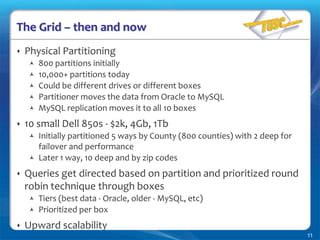 The Grid – then and nowPhysical Partitioning800 partitions initially10,000+ partitions todayCould be different drives or different boxesPartitioner moves the data from Oracle to MySQLMySQL replication moves it to all 10 boxes10 small Dell 850s - $2k, 4Gb, 1TbInitially partitioned 5 ways by County (800 counties) with 2 deep for failover and performanceLater 1 way, 10 deep and by zip codesQueries get directed based on partition and prioritized round robin technique through boxesTiers (best data - Oracle, older - MySQL, etc)Prioritized per boxUpward scalability