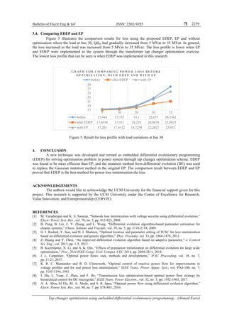 Bulletin of Electr Eng & Inf ISSN: 2302-9285 
Tap changer optimization using embedded differential evolutionary programming... (Ahmad Faris)
2259
3.4. Comparing EDEP and EP
Figure 5 illustrates the comparison results for loss using the proposed EDEP, EP and without
optimisation where the load at bus 30, Qd30 had gradually increased from 5 MVar to 35 MVar. In general,
the loss increased as the load was increased from 5 MVar to 35 MVar. The loss profile is lower when EP
and EDEP were implemented to the system through the transformer tap changer optimization exercise.
The lowest loss profile that can be seen is when EDEP was implemented in this research.
Figure 5. Result for loss profile with load variations at bus 30
4. CONCLUSION
A new technique was developed and termed as embedded differential evolutionary programming
(EDEP) for solving optimisation problem in power system through tap changer optimisation scheme. EDEP
was found to be more efficient than EP, and the mutation method from differential evolution (DE) was used
to replace the Gaussian mutation method in the original EP. The comparison result between EDEP and EP
proved that EDEP is the best method for power loss minimisation the loss.
ACKNOWLEDGEMENTS
The authors would like to acknowledge the UCSI University for the financial support given for this
project. This research is supported by the UCSI University under the Centre of Excellence for Research,
Value Innovation, and Entrepreneurship (CERVIE).
REFERENCES
[1] M. Varadarajan and K. S. Swarup, “Network loss minimization with voltage security using differential evolution,”
Electr. Power Syst. Res., vol. 78, no. 5, pp. 815-823, 2008.
[2] B. Peng, B. Liu, F. Y. Zhang, and L. Wang, “Differential evolution algorithm-based parameter estimation for
chaotic systems,” Chaos, Solitons and Fractals, vol. 39, no. 5, pp. 2110-2118, 2009.
[3] G. I. Rashed, Y. Sun, and H. I. Shaheen, “Optimal location and parameter setting of TCSC for loss minimization
based on differential evolution and genetic algorithm,” Phys. Procedia, vol. 33, pp. 1864-1878, 2012.
[4] Z. Huang and Y. Chen, “An improved differential evolution algorithm based on adaptive parameter,” J. Control
Sci. Eng., vol. 2013, pp. 1-5, 2013.
[5] B. Kazimipour, X. Li, and A. K. Qin, “Effects of population initialization on differential evolution for large scale
optimization,” Proc. 2014 IEEE Congr. Evol. Comput. CEC 2014, pp. 2404-2411, 2014.
[6] J. L. Carpentier, “Optimal power flows: uses, methods and developments,” IFAC Proceeding, vol. 18, no. 7,
pp. 11-21, 2017.
[7] K. R. C. Mamandur and R. D. Chenoweth, “Optimal control of reactive power flow for improvements in
voltage profiles and for real power loss minimization,” IEEE Trans. Power Appar. Syst., vol. PAS-100, no. 7,
pp. 3185-3194, 1981.
[8] J. Ma, L. Yuan, Z. Zhao, and F. He, “Transmission loss optimization-based optimal power flow strategy by
hierarchical control for DC microgrids,” IEEE Trans. Power Electron., vol. 32, no. 3, pp. 1952-1963, 2017.
[9] A. A. Abou El Ela, M. A. Abido, and S. R. Spea, “Optimal power flow using differential evolution algorithm,”
Electr. Power Syst. Res., vol. 80, no. 7, pp. 878-885, 2010.
5 10 20 30 35
before 17,444 17,735 19,1 22,675 28,1362
after EDEP 17,0358 17,331 18,229 20,0839 21,0923
with EP 17,201 17,4112 18,7254 22,2027 25,852
17
19
21
23
25
27
29
GRAPH FOR COMPARING POWE R L OSS B E FORE
OPT IMIZAT ION, WIT H E DE P AND WIT H E P
before after EDEP with EP
 
