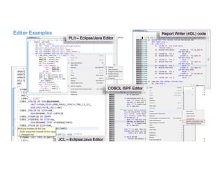 Editor Examples Report Writer (4GL) code
COBOL ISPF Editor
PL/I – Eclipse/Java Editor
JCL – Eclipse/Java Editor
 