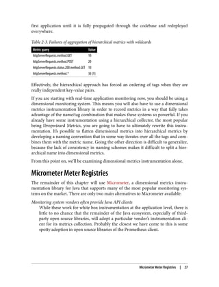 first application until it is fully propagated through the codebase and redeployed
everywhere.
Table 2-3. Failures of aggregation of hierarchical metrics with wildcards
Metric query Value
httpServerRequests.method.GET 10
httpServerRequests.method.POST 20
httpServerRequests.status.200.method.GET 10
httpServerRequests.method.* 30 (!!)
Effectively, the hierarchical approach has forced an ordering of tags when they are
really independent key-value pairs.
If you are starting with real-time application monitoring now, you should be using a
dimensional monitoring system. This means you will also have to use a dimensional
metrics instrumentation library in order to record metrics in a way that fully takes
advantage of the name/tag combination that makes these systems so powerful. If you
already have some instrumentation using a hierarchical collector, the most popular
being Dropwizard Metrics, you are going to have to ultimately rewrite this instru‐
mentation. It’s possible to flatten dimensional metrics into hierarchical metrics by
developing a naming convention that in some way iterates over all the tags and com‐
bines them with the metric name. Going the other direction is difficult to generalize,
because the lack of consistency in naming schemes makes it difficult to split a hier‐
archical name into dimensional metrics.
From this point on, we’ll be examining dimensional metrics instrumentation alone.
Micrometer Meter Registries
The remainder of this chapter will use Micrometer, a dimensional metrics instru‐
mentation library for Java that supports many of the most popular monitoring sys‐
tems on the market. There are only two main alternatives to Micrometer available:
Monitoring system vendors often provide Java API clients
While these work for white box instrumentation at the application level, there is
little to no chance that the remainder of the Java ecosystem, especially of third-
party open source libraries, will adopt a particular vendor’s instrumentation cli‐
ent for its metrics collection. Probably the closest we have come to this is some
spotty adoption in open source libraries of the Prometheus client.
Micrometer Meter Registries | 27
 