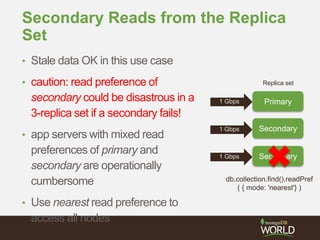 Secondary Reads from the Replica
Set
• Stale data OK in this use case
• caution: read preference of
secondary could be disastrous in a
3-replica set if a secondary fails!
• app servers with mixed read
preferences of primary and
secondary are operationally
cumbersome
• Use nearest read preference to
access all nodes
Primary
Secondary
Secondary
Replica set
1 Gbps
1 Gbps
1 Gbps
db.collection.find().readPref
( { mode: 'nearest'} )
 