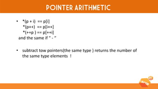 POINTER ARITHMETIC 
•*(p + i) == p[i] *(p++) == p[i++] *(++p ) == p[++i] and the same if “ - “ 
•subtract tow pointers(the same type ) returns the number of the same type elements !  