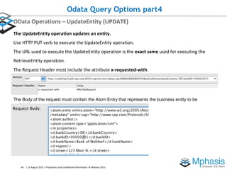 46 | 13 August 2015 | Proprietary and confidential information. © Mphasis 2015
Odata Query Options part4
OData Operations – UpdateEntity (UPDATE)
The UpdateEntity operation updates an entity.
Use HTTP PUT verb to execute the UpdateEntity operation.
The URL used to execute the UpdateEntity operation is the exact same used for executing the
RetrieveEntity operation.
The Request Header most include the attribute x-requested-with:
The Body of the request must contain the Atom Entry that represents the business entity to be
updated:
 
