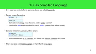 4
C++ Syntax Cornerstones – Part I – Imperative Elements
● We'll begin by discussing imperative programming in C++.
– Imperative programming: writing programs with statements being executed sequentially to change the state of the program.
● Imperative programming includes following elements in general:
– Variables (hold the state of the program)
– Statements (executable instructions, which typically change the state (i.e. the contents of variables) of the program)
– Branches (execute statements depending an a condition)
– Loops (execute statements repeatedly)
– Input and output (communicate with the "world outside of the program" (the user, the file system or a network))
● These elements are present in C++ as well:
– Syntax elements: expressions, statements, blocks. They can be freely formatted.
● Statements and blocks are executed sequentially.
● Blocks group statements, esp. for branching and loops.
– The order of execution in expressions is not defined in C++!
– Input and output is implemented with special functions and objects.
if (answerIsOk)
{
std::cout<<"Result: "<<(3 + 4)<<std::endl;
}
// Empty statement, pair of empty braces:
// (We'll use this syntax in this course.)
if (answerIsOk)
{ // pass
}
// Empty statement:
// (Not so good.)
if (answerIsOk)
;
 