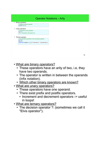19
Input from Console (STL) – Error Handling
● After reading, input streams should be failure-checked (e.g. wrong format read).
– On failure the stream/buffer must be cleared and the user should be informed like so:
● On failure (std::cin.fail() will evaluate to true) we need to do following to reuse the input stream std::cin afterwards:
– (1) Clear the failed bit (std::cin.clear()).
– (2) Clear the unread buffer that remained after the failure (std::cin.ignore()).
● Clear the specified number of characters or until the termination character is reached.
● With std::numeric_limits<int>::max() (<limits>) and 'n': an unlimited count of characters is read until 'n' is found.
int number = 0;
std::cout<<"Enter a number"<<std::endl;
std::cin>>number;
if (std::cin.fail()) // E.g.: std::cin awaited an int, but somewhat different was read:
{
std::cout<<"Please enter a valid number!"<<std::endl;
std::cin.clear(); // (1) Clear stream status, esp. reset the fail status.
std::cin.ignore(std::numeric_limits<int>::max(), 'n'); // (2) Clear buffer, esp. remove the pending newline.
}
std::cout<<"You've entered the number "<<number<<"!"<<std::endl;
● If the failed bit is set, the next read operation on
that stream will fail.
● If the stream is not reset and the buffer is not
cleared the input stream is rendered unusable and
will not accept inputs anymore.
 