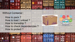 Image: Izabella Reimers 
Without Container : How to pack ? How to load / unload ? How to transship ? How to check dependencies ? How to protect ?  