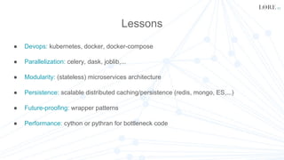 Lessons
● Devops: kubernetes, docker, docker-compose
● Parallelization: celery, dask, joblib,...
● Modularity: (stateless) microservices architecture
● Persistence: scalable distributed caching/persistence (redis, mongo, ES,...)
● Future-proofing: wrapper patterns
● Performance: cython or pythran for bottleneck code
 
