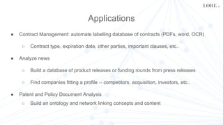 Applications
● Contract Management: automate labelling database of contracts (PDFs, word, OCR)
○ Contract type, expiration date, other parties, important clauses, etc..
● Analyze news
○ Build a database of product releases or funding rounds from press releases
○ Find companies fitting a profile -- competitors, acquisition, investors, etc..
● Patent and Policy Document Analysis
○ Build an ontology and network linking concepts and content
 