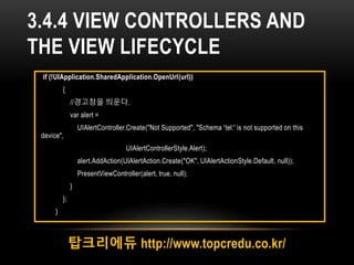 3.4.4 VIEW CONTROLLERS AND
THE VIEW LIFECYCLE
탑크리에듀 http://www.topcredu.co.kr/
if (!UIApplication.SharedApplication.OpenUrl(url))
{
//경고창을 띄운다.
var alert =
UIAlertController.Create("Not Supported", "Schema 'tel:' is not supported on this
device",
UIAlertControllerStyle.Alert);
alert.AddAction(UIAlertAction.Create("OK", UIAlertActionStyle.Default, null));
PresentViewController(alert, true, null);
}
};
}
 