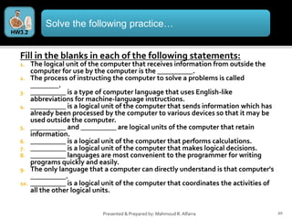 Fill in the blanks in each of the following statements:
1. The logical unit of the computer that receives information from outside the
computer for use by the computer is the __________.
2. The process of instructing the computer to solve a problems is called
________.
3. __________ is a type of computer language that uses English-like
abbreviations for machine-language instructions.
4. __________ is a logical unit of the computer that sends information which has
already been processed by the computer to various devices so that it may be
used outside the computer.
5. __________ and __________ are logical units of the computer that retain
information.
6. __________ is a logical unit of the computer that performs calculations.
7. __________ is a logical unit of the computer that makes logical decisions.
8. __________ languages are most convenient to the programmer for writing
programs quickly and easily.
9. The only language that a computer can directly understand is that computer's
__________.
10. __________ is a logical unit of the computer that coordinates the activities of
all the other logical units.
20Presented & Prepared by: Mahmoud R. Alfarra
Solve the following practice…
HW3.2
 