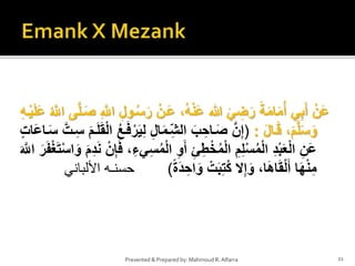 َ‫ر‬ ْ‫َنن‬‫ع‬ ،ُ‫ه‬ْ‫ن‬َ‫ع‬ ‫هللا‬ َ‫ي‬ ِ‫ض‬َ‫ر‬ َ‫ة‬َ‫م‬‫ا‬َ‫م‬ُ‫أ‬ ‫ي‬ِ‫ب‬َ‫أ‬ ْ‫َن‬‫ع‬ُ ِ‫َّلله‬ ‫ا‬ِ‫ى‬‫ن‬ََ ِ ِ‫َّلله‬ ِِ‫نل‬ُ‫س‬ِ‫ه‬‫ن‬ْ‫ي‬َ‫ى‬َ‫ع‬
َِ‫نا‬َ‫ق‬ ،َ‫م‬ِ‫ى‬َ‫س‬َ‫ل‬:(ِِ‫ا‬َ‫م‬‫ن‬ِِّ ‫َّللش‬ ََ ِِ‫نا‬ََ ِ‫ن‬ِ‫إ‬ِ ‫ن‬ِ‫س‬ َ‫م‬‫ن‬َ‫ى‬ََْ‫ش‬‫َّلل‬ ُُ‫ن‬َ‫ف‬ْ‫ر‬َ‫ي‬ِ‫ش‬‫َا‬‫ع‬‫نا‬َ‫س‬
‫َّلل‬ ِ‫ل‬َ‫أ‬ ِ‫ئ‬ِ‫ط‬ْ‫خ‬ُ‫م‬ْ‫ش‬‫َّلل‬ ِ‫م‬ِ‫ى‬ْ‫س‬ُ‫م‬ْ‫ش‬‫َّلل‬ ِ‫د‬ْ‫ب‬َ‫ع‬ْ‫ش‬‫َّلل‬ ِ‫َن‬‫ع‬ْ‫س‬‫َّلل‬َ‫ل‬ َ‫م‬ِ‫د‬َ‫ن‬ ْ‫ن‬ِ‫إ‬َ‫ف‬ ،ِ‫يء‬ِ‫س‬ُ‫م‬ْ‫ش‬َ ِ‫َّلله‬ َ‫ر‬َ‫ف‬ْ‫غ‬َ‫ت‬
‫َة‬‫د‬ ِِ‫َّلل‬َ‫ل‬ ْ َ‫ب‬ِ‫ت‬ُ‫ك‬ ‫ال‬ِ‫إ‬َ‫ل‬ ،‫ا‬َ‫ه‬‫ا‬ََْ‫ش‬َ‫أ‬ ‫ا‬َ‫ه‬ْ‫ن‬ِ‫م‬)‫األلباني‬ ‫حسنـه‬
21Presented & Prepared by: Mahmoud R. Alfarra
 