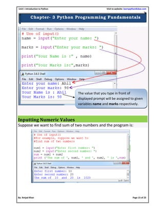 Unit I: Introduction to Python Visit to website: learnpython4cbse.com
By: Amjad Khan Page 15 of 23
Chapter- 3 Python Programming Fundamentals
Inputting Numeric Values
Suppose we want to find sum of two numbers and the program is:
The value that you type in front of
displayed prompt will be assigned to given
variables name and marks respectively.
 