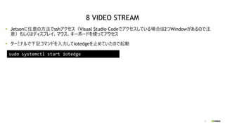 51
Jetsonに任意の方法でsshアクセス（Visual Studio Codeでアクセスしている場合は2つWindowがあるので注
意）もしくはディスプレイ、マウス、キーボードを使ってアクセス
ターミナルで下記コマンドを入力してiotedgeを止めていたので起動
sudo systemctl start iotedge
8 VIDEO STREAM
 