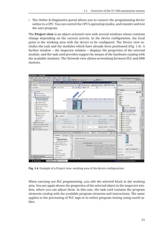 1.1 Overview of the S7-300 automation system
25
b The Online & Diagnostics portal allows you to connect the programming device
online to a CPU. You can control the CPU's operating modes, and transfer and test
the user program.
The Project view is an object-oriented view with several windows whose contents
change depending on the current activity. In the Device configuration, the focal
point is the working area with the device to be configured. The Device view in-
cludes the rack and the modules which have already been positioned (Fig. 1.4). A
further window – the inspector window – displays the properties of the selected
module, and the task card provides support by means of the hardware catalog with
the available modules. The Network view allows networking between PLC and HMI
stations.
When carrying out PLC programming, you edit the selected block in the working
area. You are again shown the properties of the selected object in the inspector win-
dow, where you can adjust them. In this case, the task card contains the program
elements catalog with the available program elements and instructions. The same
applies to the processing of PLC tags or to online program testing using watch ta-
bles.
Fig. 1.4 Example of a Project view: working area of the device configuration
 