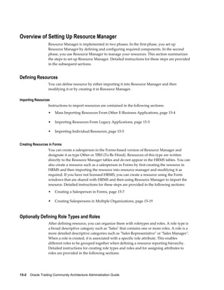 15-2    Oracle Trading Community Architecture Administration Guide
Overview of Setting Up Resource Manager
Resource Manager is implemented in two phases. In the first phase, you set up
Resource Manager by defining and configuring required components. In the second
phase, you use Resource Manager to manage your resources. This section summarizes
the steps to set up Resource Manager. Detailed instructions for these steps are provided
in the subsequent sections.
Defining Resources
You can define resource by either importing it into Resource Manager and then
modifying it or by creating it in Resource Manager.
Importing Resources
Instructions to import resources are contained in the following sections:
• Mass Importing Resources From Other E-Business Applications, page 15-4
• Importing Resources From Legacy Applications, page 15-5
• Importing Individual Resources, page 15-5
Creating Resources in Forms
You can create a salesperson in the Forms-based version of Resource Manager and
designate it as type Other or TBH (To Be Hired). Resources of this type are written
directly to the Resource Manager tables and do not appear in the HRMS tables. You can
also create a resource such as a salesperson in Forms by first creating the resource in
HRMS and then importing the resource into resource manager and modifying it as
required. If you have not licensed HRMS, you can create a resource using the Form
windows that are shared with HRMS and then using Resource Manager to import the
resource. Detailed instructions for these steps are provided in the following sections:
• Creating a Salesperson in Forms, page 15-7
• Creating Salespersons in Multiple Organizations, page 15-19
Optionally Defining Role Types and Roles
After defining resource, you can organize them with roletypes and roles. A role type is
a broad descriptive category such as "Sales" that contains one or more roles. A role is a
more detailed descriptive categories such as "Sales Representative" or "Sales Manager".
When a role is created, it is associated with a specific role attribute. This enables
different roles to be grouped together when defining a resource reporting hierarchy.
Detailed instructions for creating role types and roles and for assigning attributes to
roles are provided in the following sections:
 