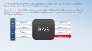 BAG
TryTake()
T
H
R
E
A
D
A
TryTake()
TryTake()
TryTake()
Output = "B"
Output = "A"
Output = "C"
Output = "F"
TryTake() andTryPeak() will first return items added by the thread calling it. No synchronization is needed here,
because they are stored in that thread’sThreadLocal container
Once a thread has obtained all the items it added to the bag, TryTake() andTryPeak() return items added by other
threads. Synchronization is needed (handled by the bag)because two threads are now accessing shared data.
This is calledWorkStealing
 