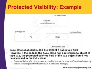 Advanced Object Oriented Programming30 www.corewebprogramming.com
Protected Visibility: Example
• Cake, ChocolateCake, and Pie inherit a calories field
• However, if the code in the Cake class had a reference to object of
type Pie, the protected calories field of the Pie object could not
be accessed in the Cake class
– Protected fields of a class are not accessible outside its branch of the class hierarchy
(unless the complete tree hierarchy is in the same package)
 