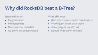 Space eﬃciency
• Fragmentation
• Fixed page size
• More per-row metadata
• No preﬁx encoding (InnoDB)
Why did RocksDB beat a B-Tree?
Write eﬃciency
• Uses more space = more data to write
• Working set larger than cache
• sizeof(page) / sizeof(row)
• Double write buﬀer (InnoDB)
 