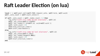 Ra Leader Elec on (on lua)
local r = self.pool.call(self.FUNC.request_vote, self.term, self.uuid)
self._vote_count = self:count_votes(r)
if self._vote_count > self._nodes_count / 2 then
log.info("[raft-srv] node %d won elections", self.id)
self:_set_state(self.S.LEADER)
self:_set_leader({ id=self.id, uuid=self.uuid })
self._vote_count = 0
self:stop_election_timer()
self:start_heartbeater()
else
log.info("[raft-srv] node %d lost elections", self.id)
self:_set_state(self.S.IDLE)
self:_set_leader(msgpack.NULL)
self._vote_count = 0
self:start_election_timer()
end
29 / 67
 