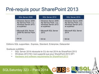 Pré-requis pour SharePoint 2013 
SQL Server 2008 
• Windows Server 2008 
R2 Service Pack 1 ou 
Windows Server 2012 
et supérieur 
• Microsoft SQL Server 
2008 R2 Service Pack 
1 
• 64 bit 
SQL Server 2012 
• Windows Server 2008 
R2 Service Pack 1 ou 
Windows Server 2012 
et supérieur 
• Microsoft SQL Server 
2012 
• 64 bit 
Editions SQL supportées : Express, Standard, Enterprise, Datacenter 
Quelques subtilités : 
• SQL Server 2014 nécessite le CU de mai 2014 de SharePoint 2013 
• Windows 2012 R2 n’est supporté que pour SharePoint 2013 SP1 
• Hardware and software requirements for SharePoint 2013 
SQLSaturday 323 – Paris 2014 
SQL Server 2014 
• Windows Server 2008 
R2 Service Pack 1 ou 
Windows Server 2012 
et supérieur 
• Microsoft SQL Server 
2014 
• 64 bit 
 